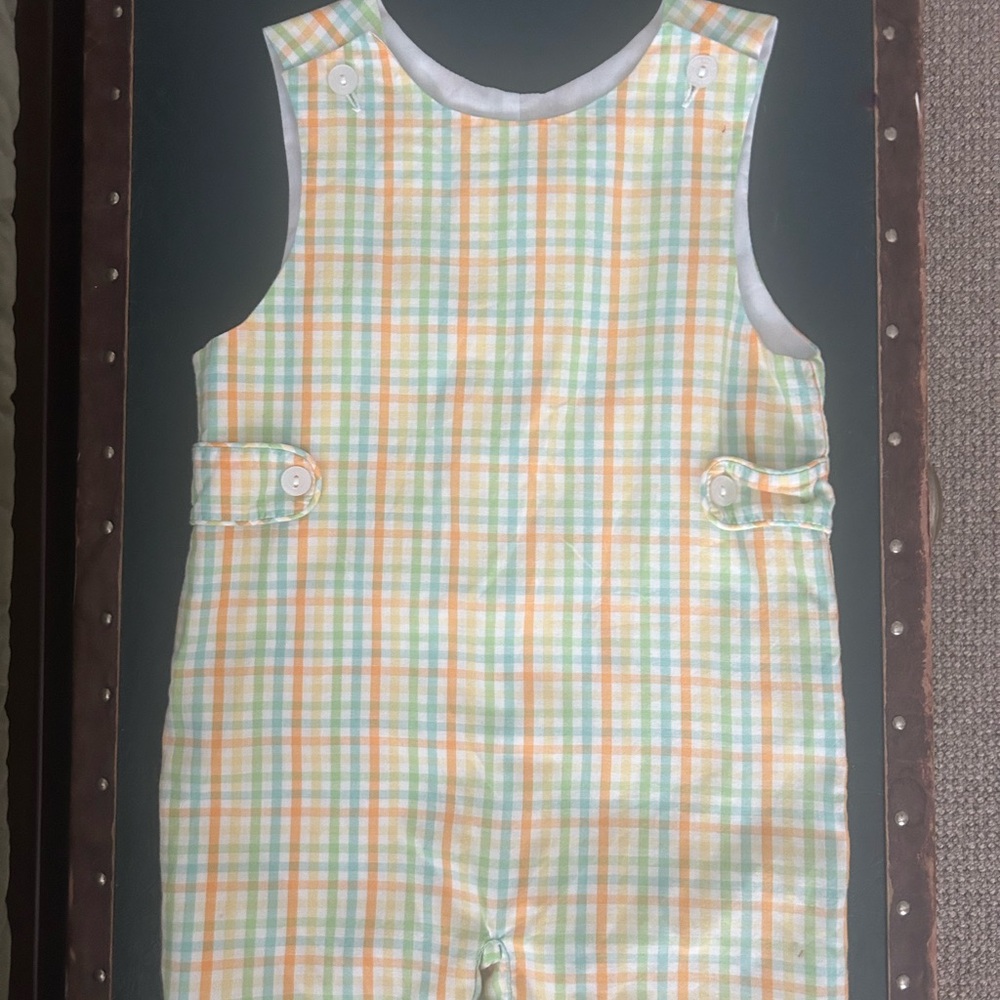 Little English Pastel Yellow, Light Green & Peach Plaid Shortall